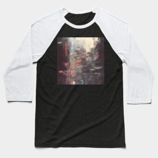 Urban Atmosphere Artistry - Moody Anime Noir Cinematic Japanese Cityscape Baseball T-Shirt